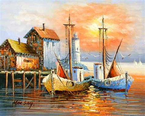 Paintings of Boats in Harbor | Old Spanish Harbor - Boats, oil ...