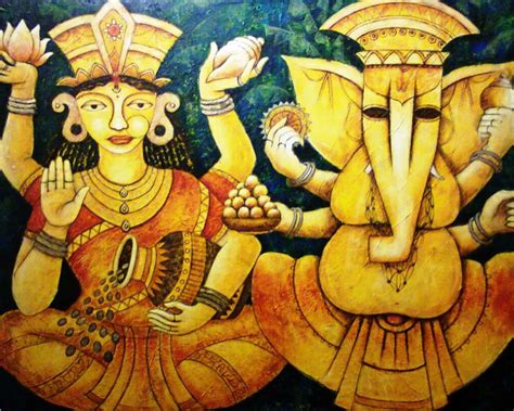 Buy Laxmi-Ganesha Painting with Acrylic on Canvas by Anirban Seth ...