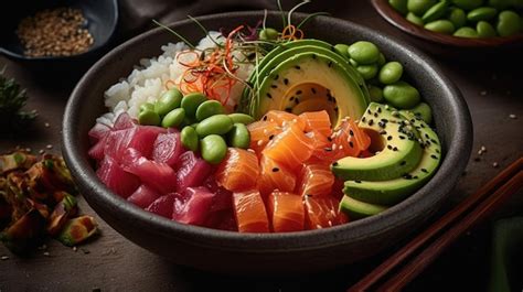 Premium AI Image | A bowl of sushi with avocado, avocado, and avocado.