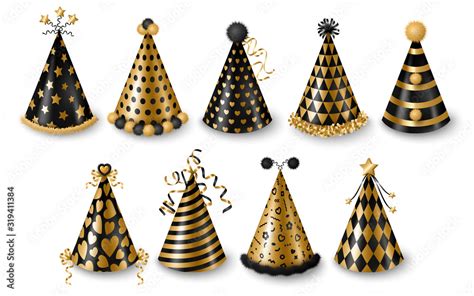 Set of gold and black party hats isolated on white background, New year ...