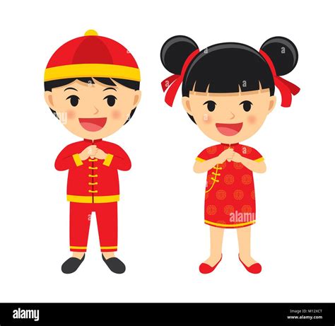 Joyeux Nouvel An chinois garçon et fille en vêtements traditionnels ...