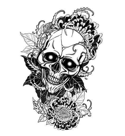 Skull with chrysanthemum tattoo by hand drawing 540059 Vector Art at ...