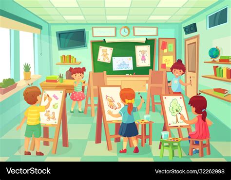 Kids drawing in art class art education Royalty Free Vector