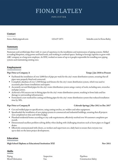 Pipe Fitter Resume (CV) Example and Writing Guide