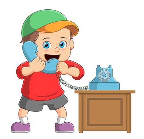 Premium Vector | Kid boy talking on a retro wired telephone