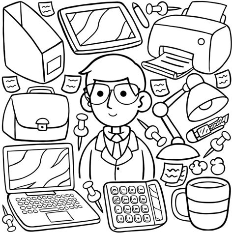 a line art drawing of a business owner with various items including a ...