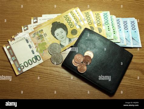 Currency of South Korean won banknotes and coins in different value ...