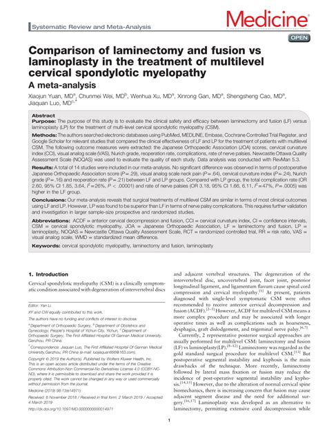 (PDF) Comparison of laminectomy and fusion vs laminoplasty in the ...