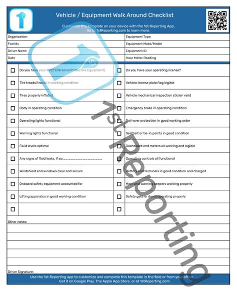 Pre-Use Walk Around Inspection Checklist (Vehicle/Equipment) - 1st ...