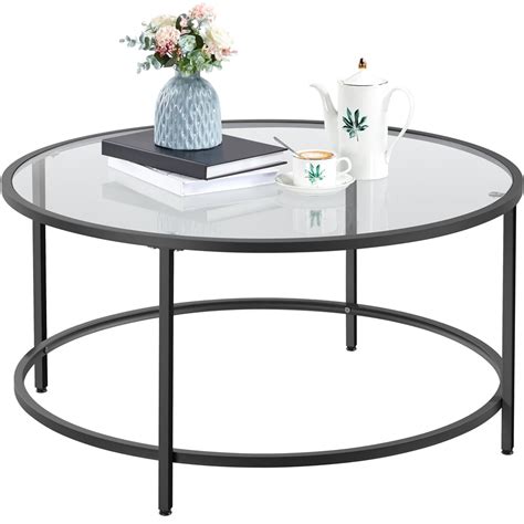 Easyfashion Round Glass-Top Coffee Table Metal-Framed End Table, Black ...