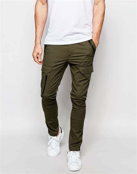 Asos Super Skinny Pants With Zip Cargo Pockets In Khaki - Green in ...