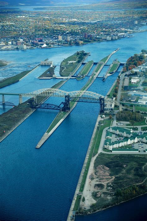 An outstanding aerial view of the International Bridge, the Locks, and ...