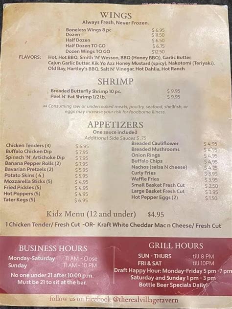 Menu at Village Tavern pub & bar, Mill Creek, Main St