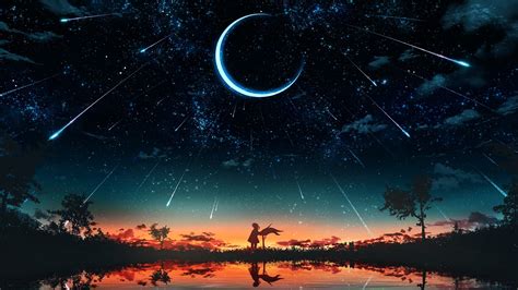 Starry Night Sky With Moon Painting