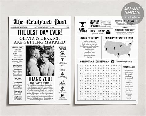 Mini 5x7 Newspaper Wedding Program Template, Editable Timeline ...