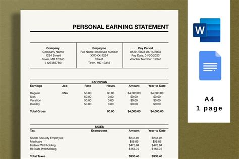 Pay stub form | Personal earning statement template | word