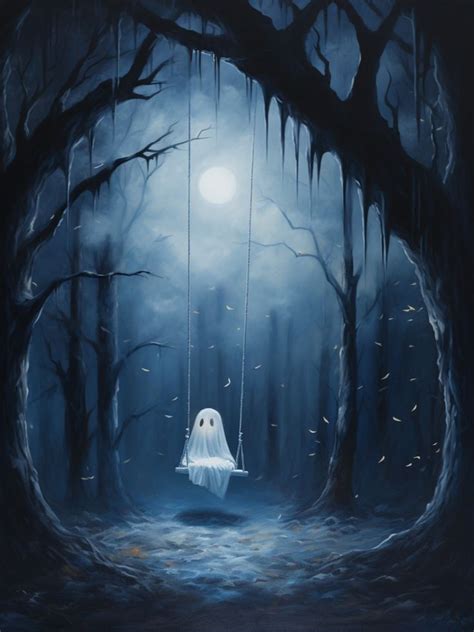 Cute Ghost on Swing Print Gothic Art Vintage Oil Poster Cottagecore ...