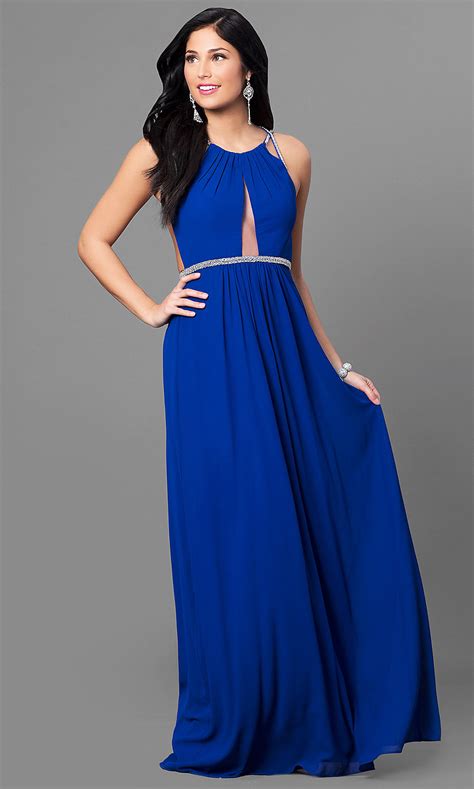 Long Open-Back Royal Blue Prom Dress - PromGirl