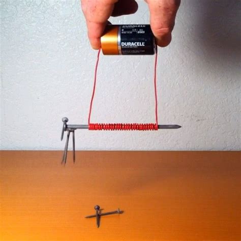 DIY Electromagnet: iron core (nail), wire, and DC source (D cell ...