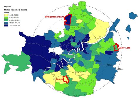 Map of Brisbane suburbs by income and location of selected case study ...