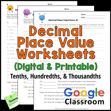 Decimal Place Value Worksheets (Tenths, Hundredths, and Thousandths ...