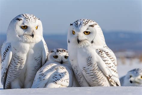 Premium AI Image | Snowy owls huddled together in the arctic tundra