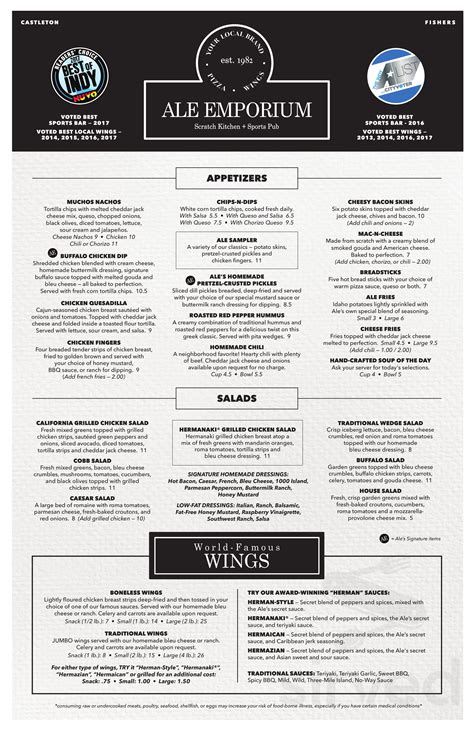 Ale Emporium menu in Greenwood, Indiana, USA