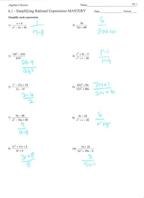 Rational Expression Worksheet 1 Simplifying