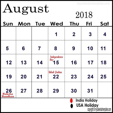 Calendar Holidays For August | August calendar, Holiday calendar ...