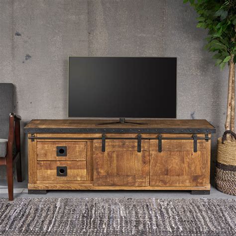 Madge Modern Industrial Mango Wood TV Stand, Natural Finish and Black ...