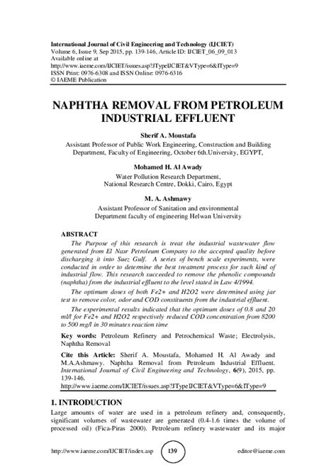 (PDF) NAPHTHA REMOVAL FROM PETROLEUM INDUSTRIAL EFFLUENT