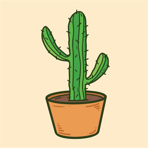 Green cactus on clay pot vector illustration. West plant drawing with ...