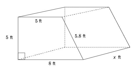 The volume of this right trapezoidal prism is 464.75 ft³. What is the ...