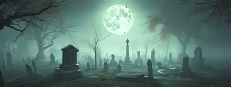 a halloween cemetery and graveyard with a full moon, in the style of ...