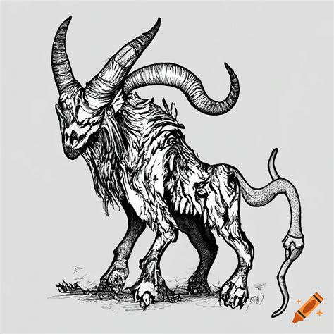 Line drawing of a creepy four-horned goat