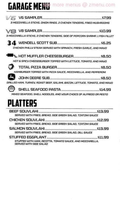 Menu at Zoom's Garage Grill restaurant, Danville