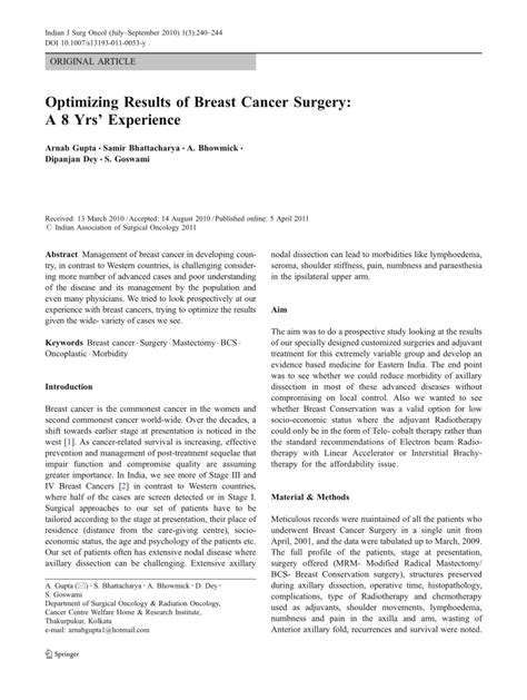 (PDF) Optimizing Results of Breast Cancer Surgery: A 8 Yrs' Experience