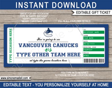 Vancouver Canucks Game Ticket Gift Voucher | Printable Surprise Hockey ...