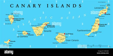 Canary Islands Political Map with Lanzarote, Fuerteventura, Gran ...