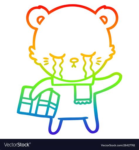 Rainbow gradient line drawing crying cartoon bear Vector Image