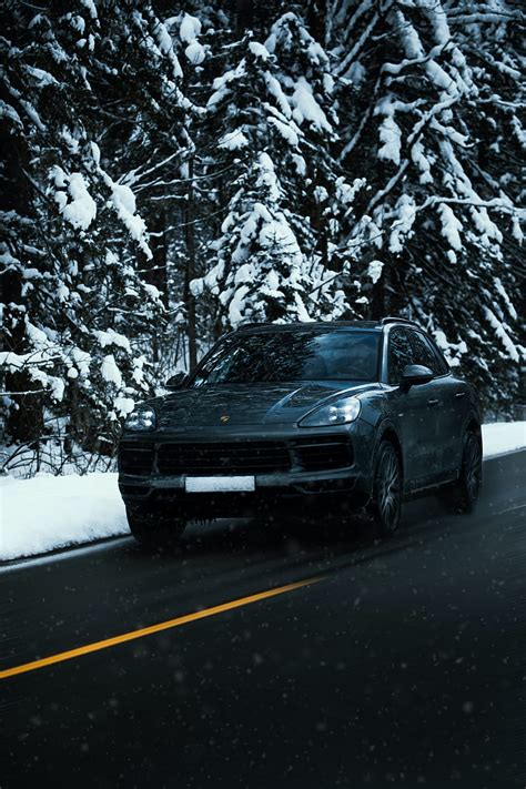 Porsche cayenne, porsche, car, black, road, snow, winter, HD phone ...