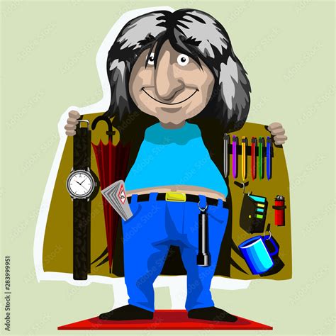 funny vector cartoon of a man with coat offering ad media in his jacket ...