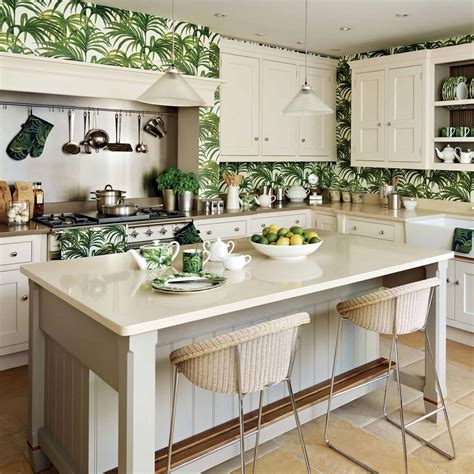 White Wallpaper Kitchen Cabinets