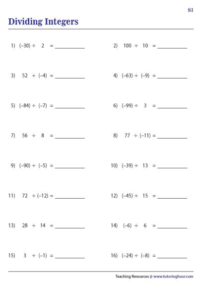 Dividing Integers Worksheets