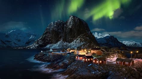 Lofoten Norway Village Aurora Northern Lights 4k Wallpaper,HD Nature ...