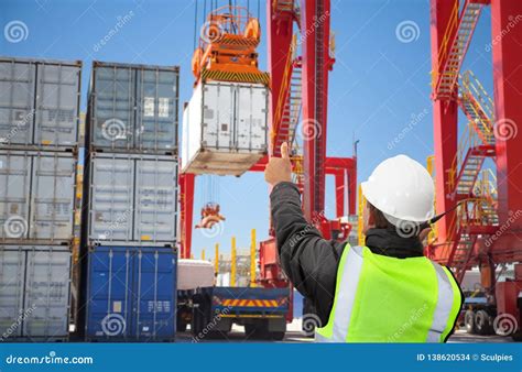 Worker In Port Near Mooring Winch Of Cargo Ship Royalty-Free Stock ...