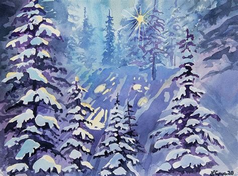 Watercolor - Winter Snowy Forest with Sunburst Painting by Cascade ...