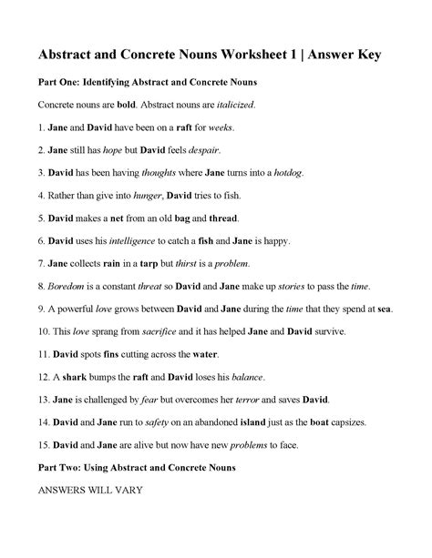 Concrete and Abstract Nouns Worksheet | "Lost at Sea..." | Parts of ...