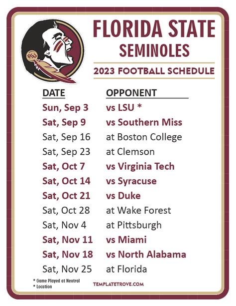 Printable 2023 Florida State Seminoles Football Schedule