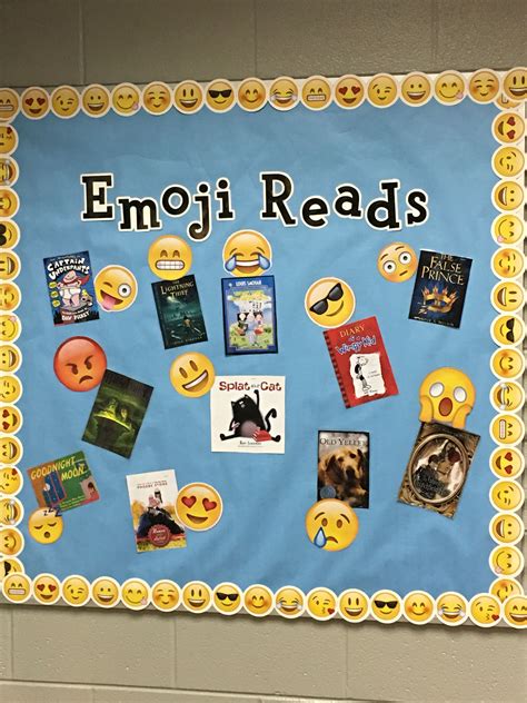 Emoji reading bulletin board | School library bulletin boards, Library ...